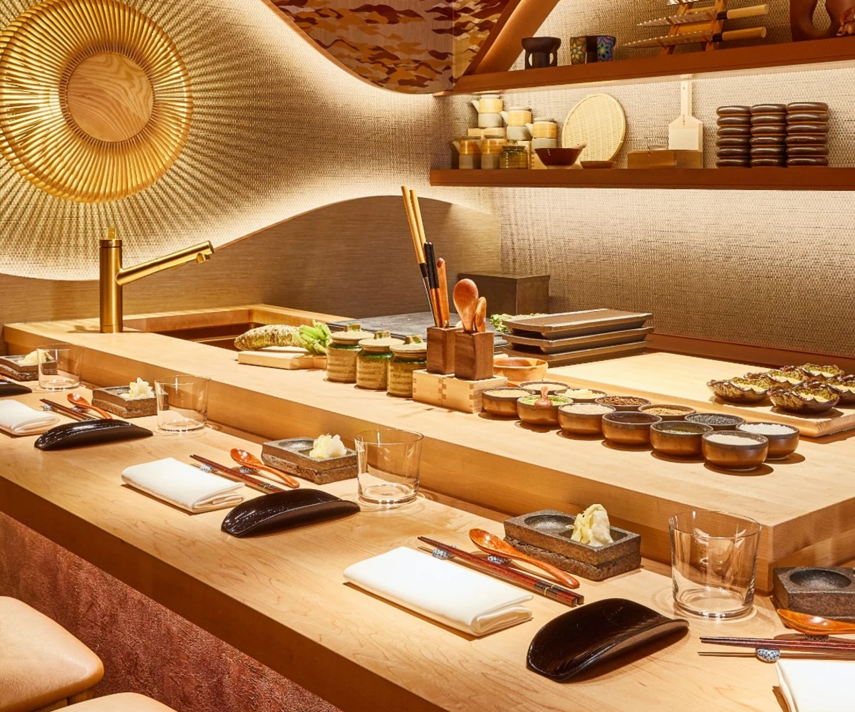  Wooden Dining Counter And Golden Wall Art