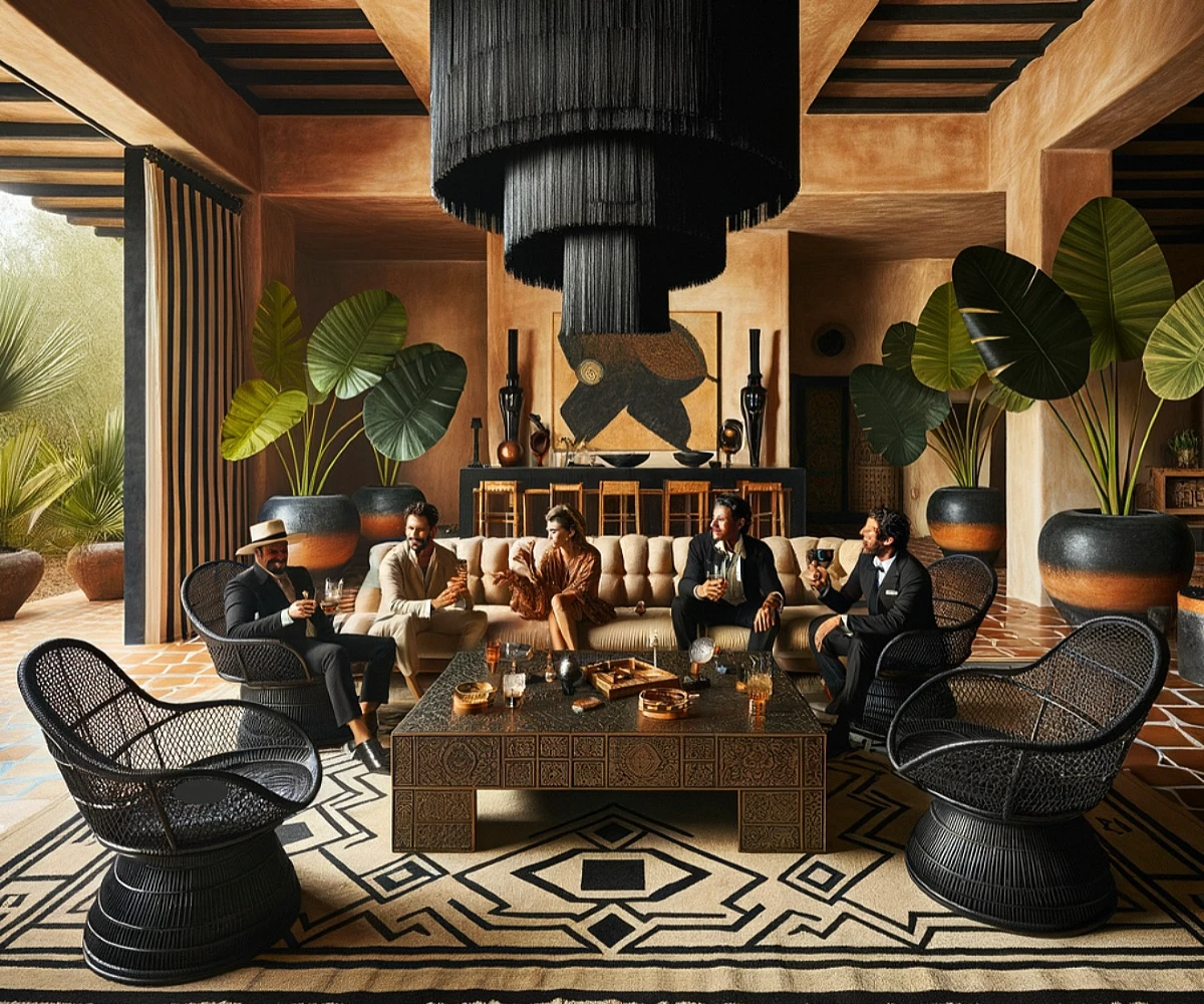 Black Fringe Chandelier And Woven Chairs