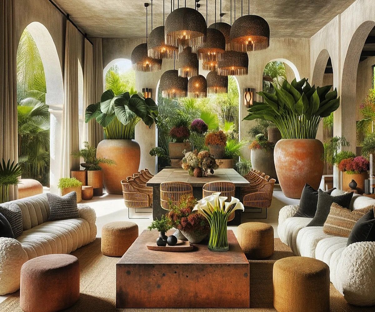 Oversized Terracotta Planters And Woven Pendants