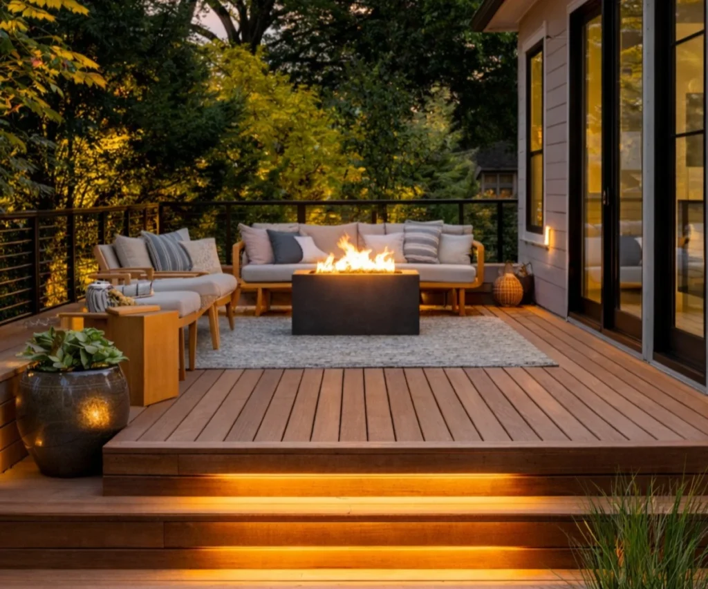 Illuminated Wood Deck With Fire Pit