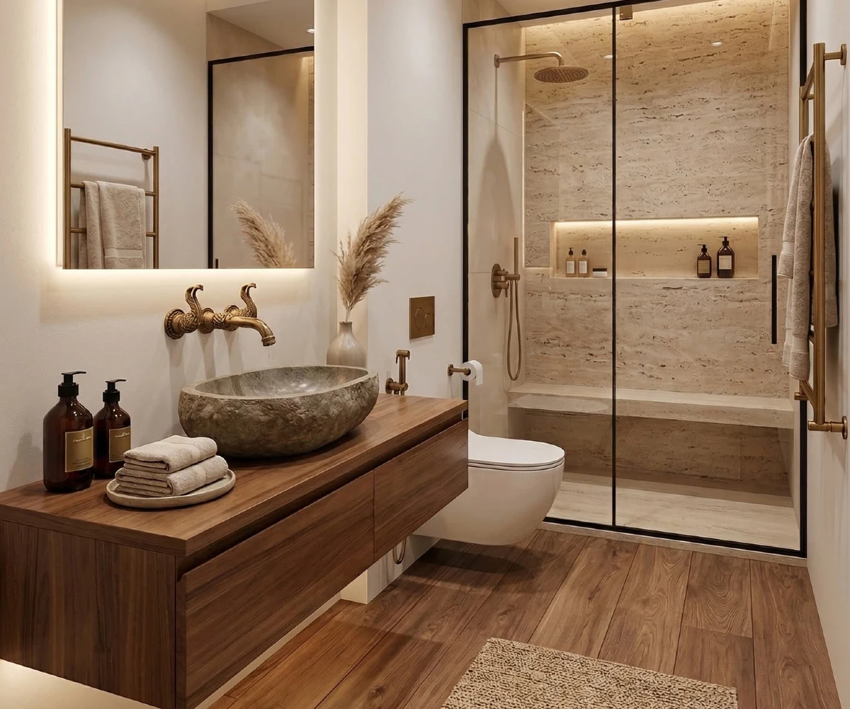 Natural Stone Basin And Wood Vanity