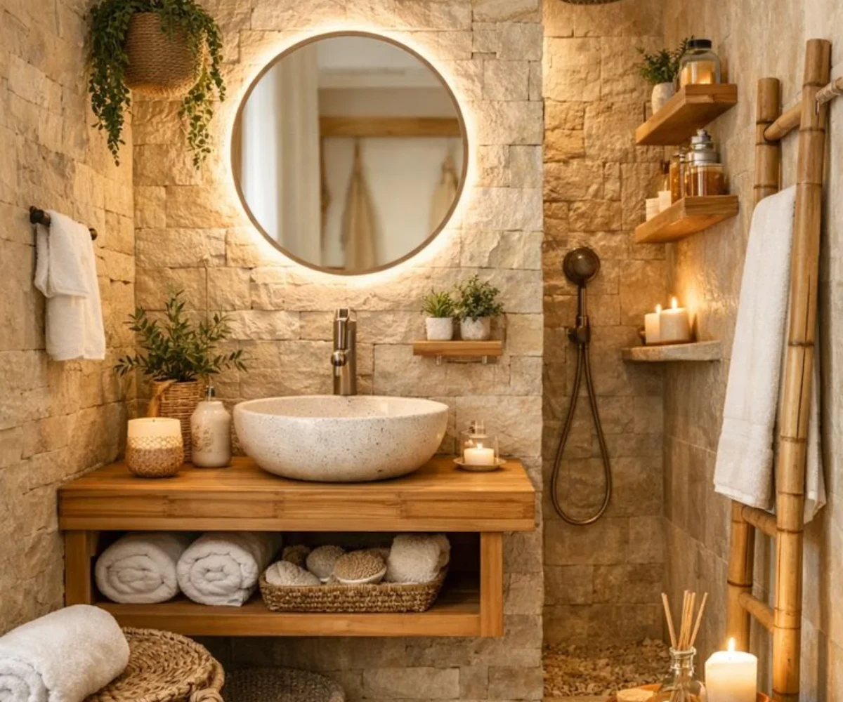 Glowing Circular Mirror And Bamboo Vanity