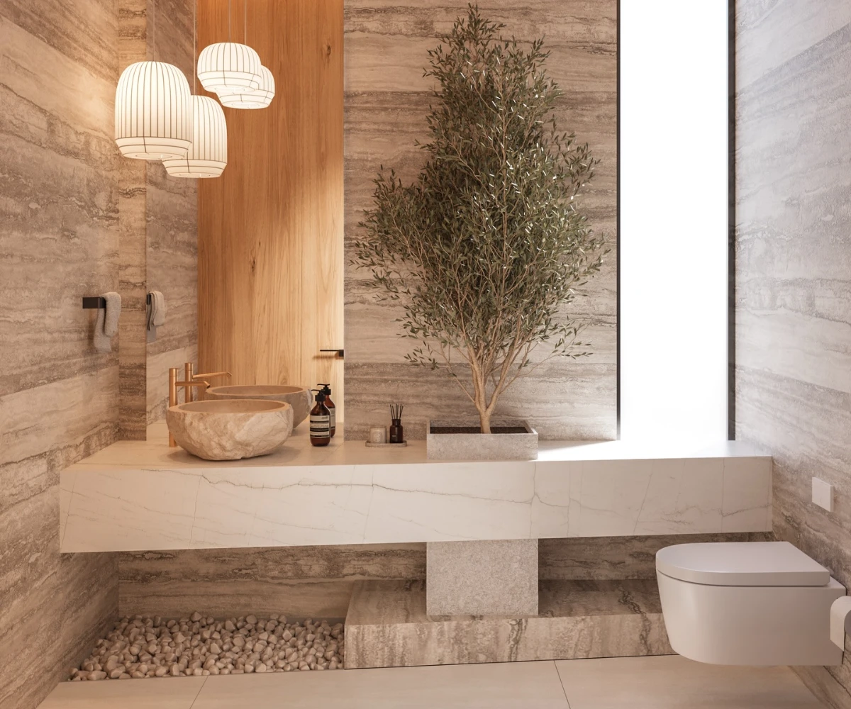 Thick White Vanity And Paper Lanterns