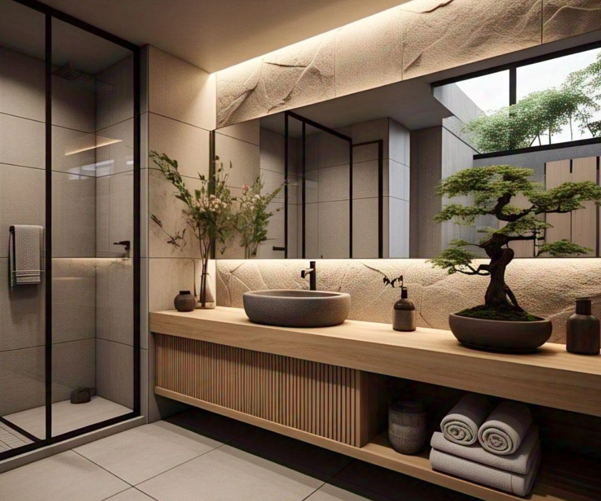 Bonsai Tree And Slatted Wood Vanity