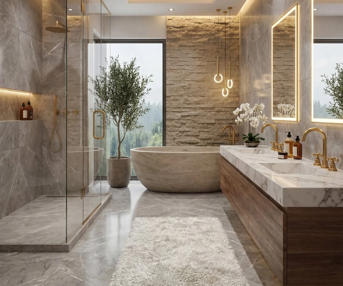 Oval Bathtub And Stacked Stone Wall