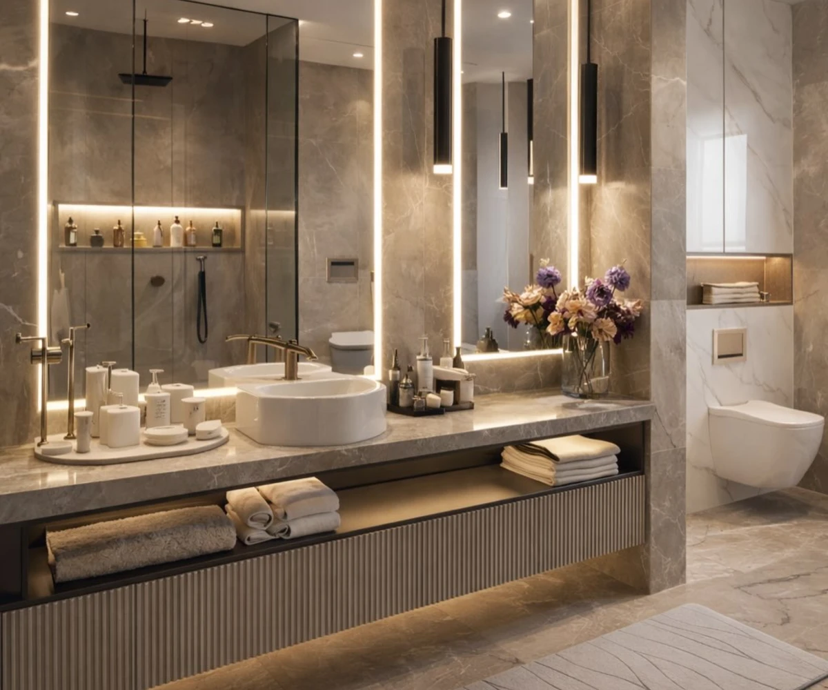 Tall Glowing Mirrors And Ribbed Cabinetr