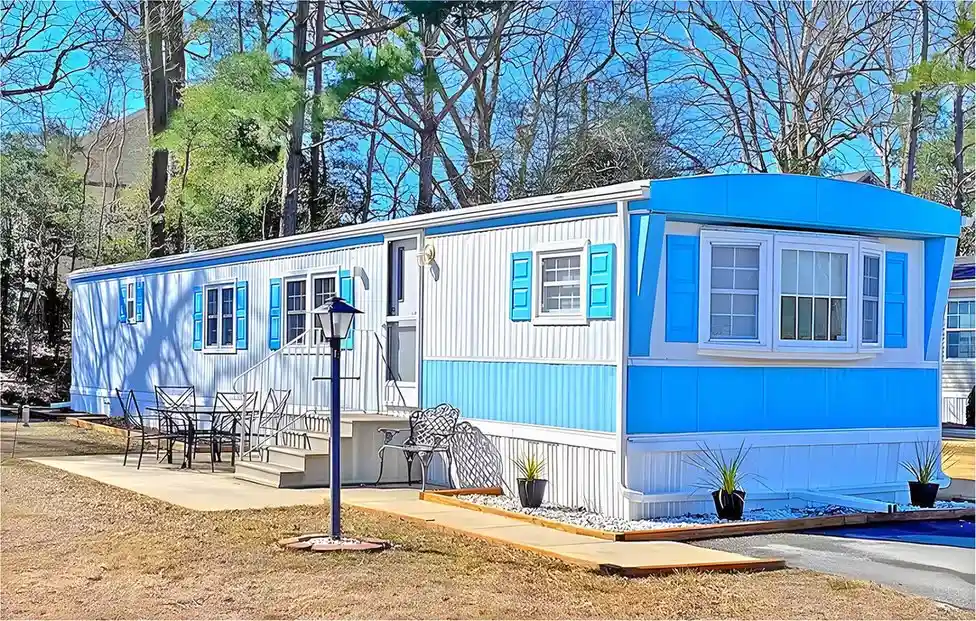 Bright Blue Mobile Home Exterior