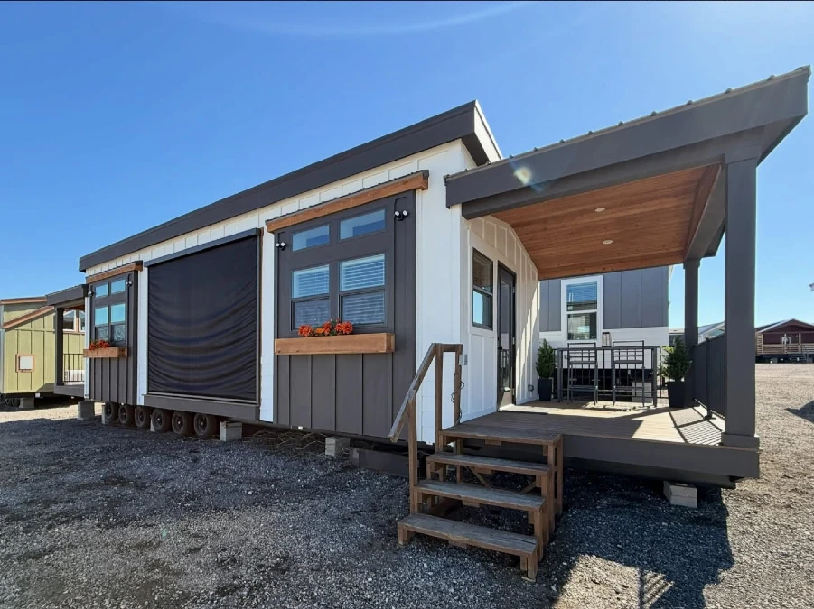 Black and White Mobile Home + Covered Porch