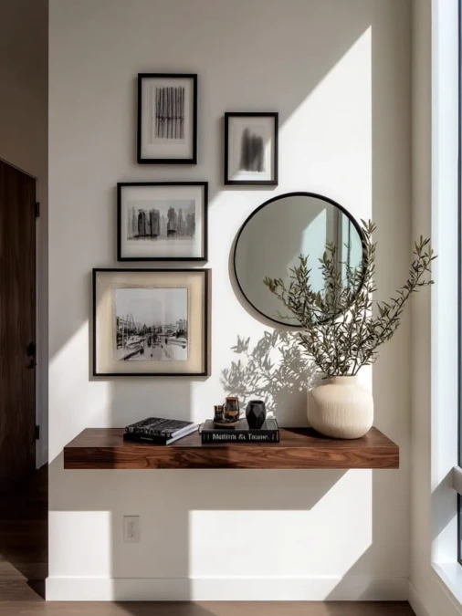 Floating Console And Monochromatic Gallery Wall