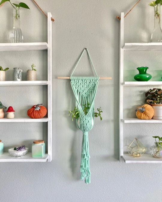 Mint Green Macrame And Hanging Rope Shelves
